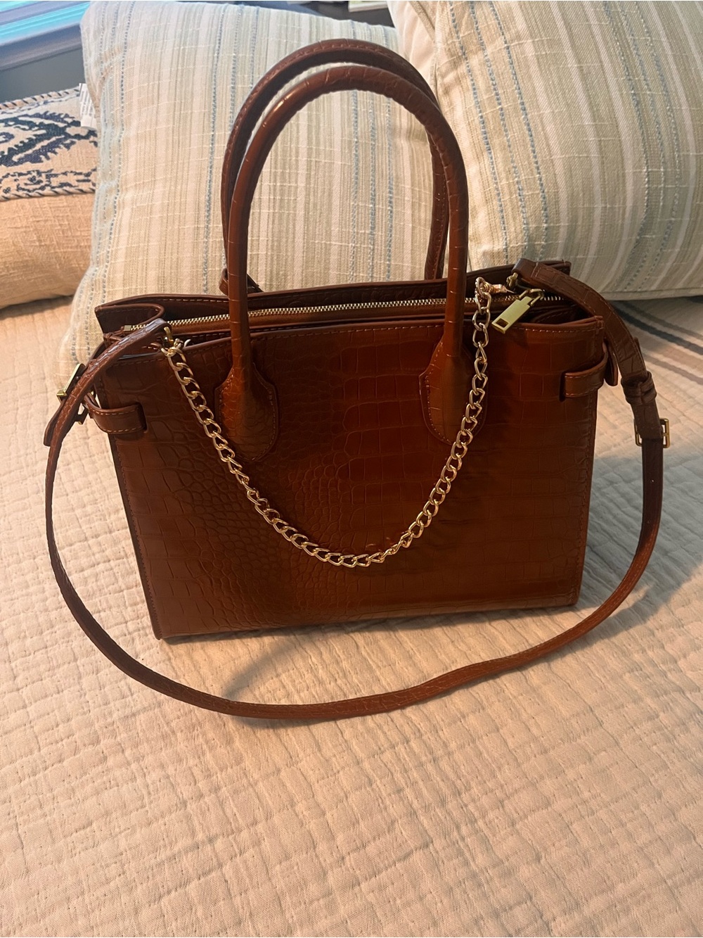 Mango Croc-Embossed Satchel in Chestnut Brown with Gold Chain